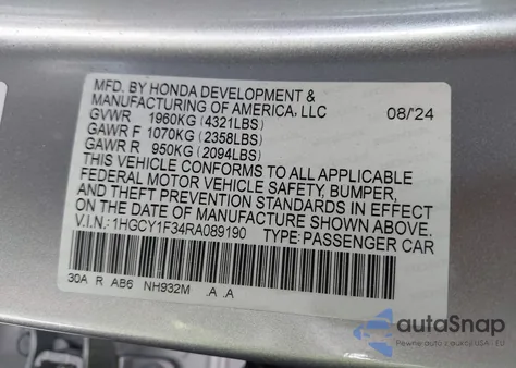 2024 Honda Accord Ex z USA, uszkodzony, nr VIN 1HGCY1F34RA089190
